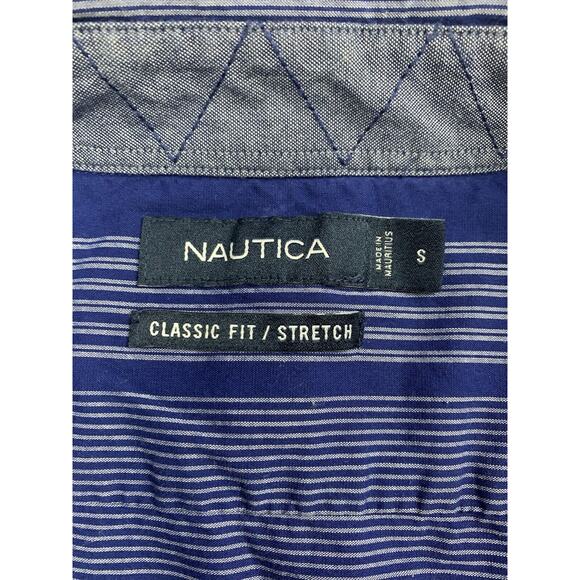 Nautica Mens Short Sleeve Shirt Small Blue White Stripes Classic Fit Stretch 750 - Picture 4 of 8